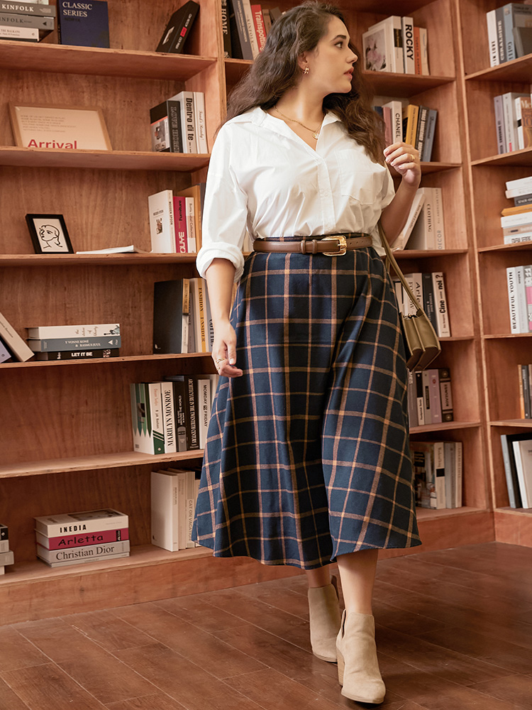 

Vintage Plaid Plus Size Women Dailywear Skirts Pocket Pocket Elegance Skirts BloomChic, Darkblue