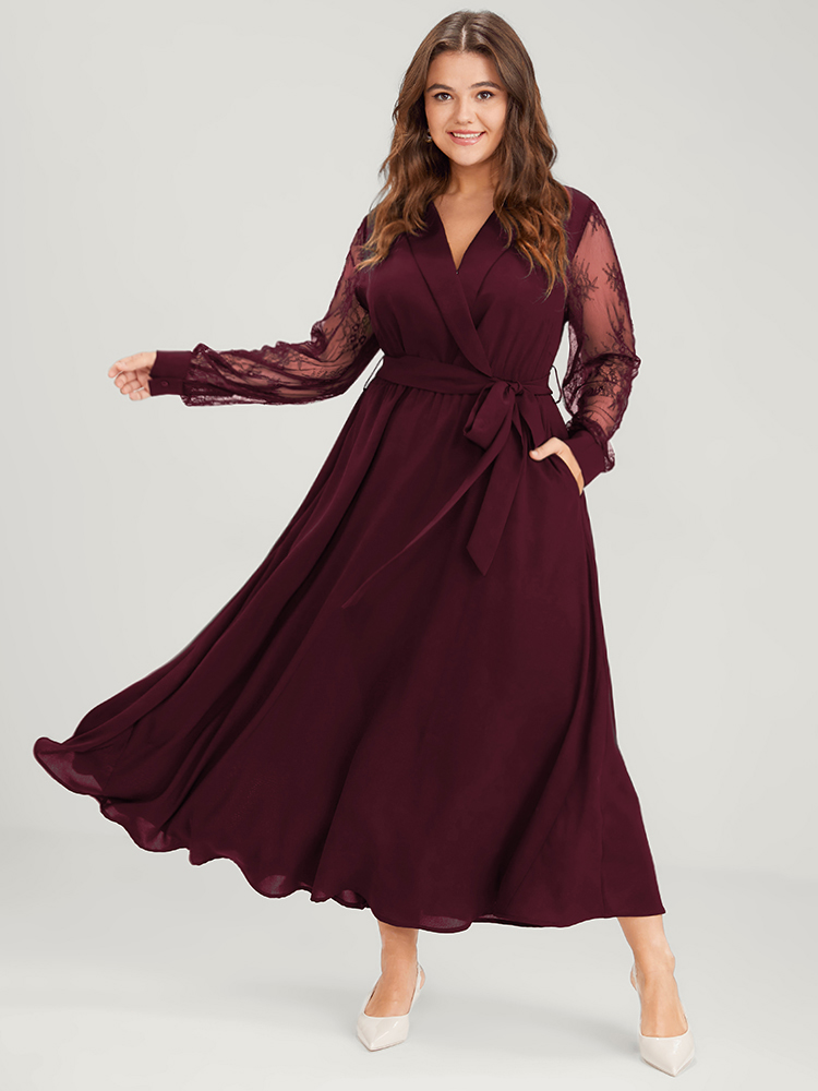 

Plus Size Solid Lace Lantern Sleeve Button Lapel Collar Belted Maxi Dress Burgundy Women Elegant Cross straps Lapel Collar Long Sleeve Curvy Long Dress BloomChic