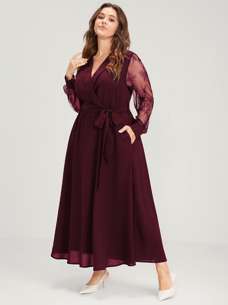 

Plus Size Solid Lace Lantern Sleeve Button Lapel Collar Belted Maxi Dress Burgundy Women Elegant Cross straps Lapel Collar Long Sleeve Curvy Long Dress BloomChic