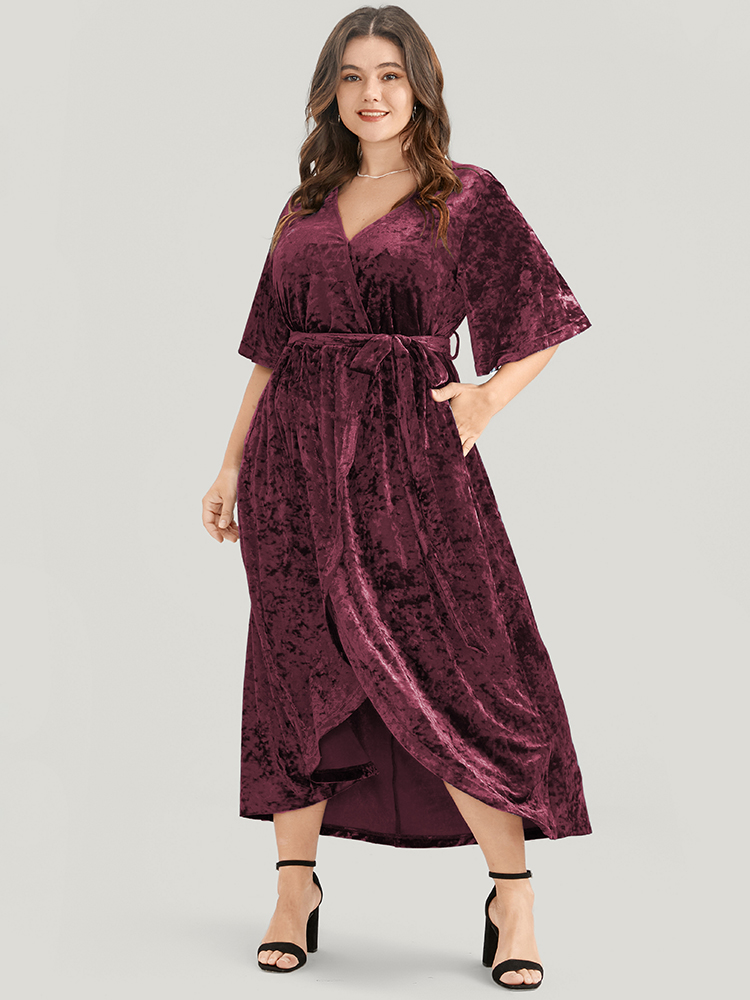 

Plus Size Solid Wrap Pocket Asymmetrical Hem Belted Velvet Dress Burgundy Women Party Wrap V-neck Half Sleeve Curvy Midi Dress BloomChic