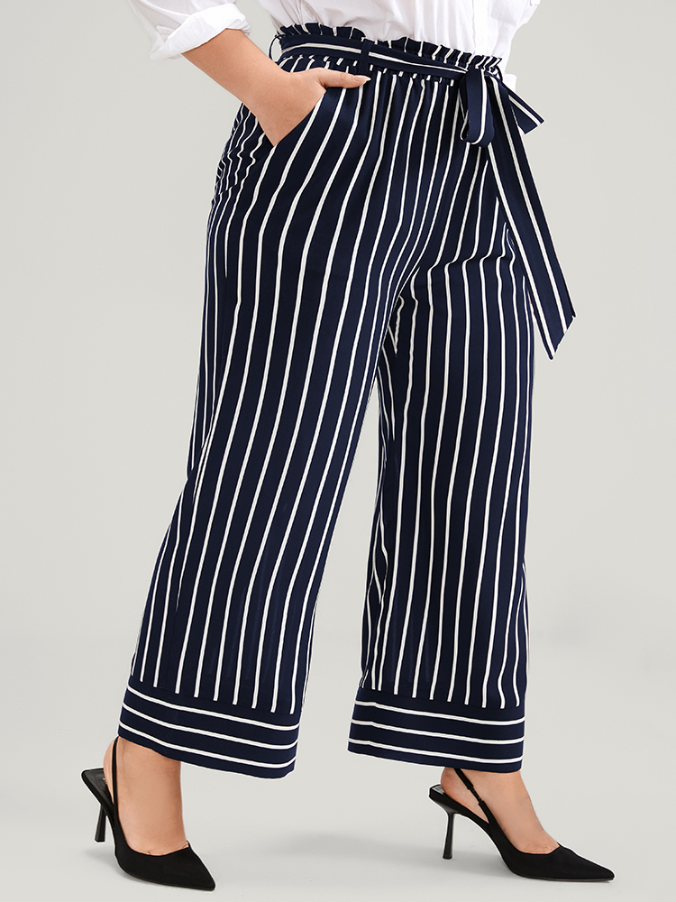 

Plus Size Striped Patchwork Pocket Belted Elastic Waist Pants Women Navy Office High Rise Work Pants BloomChic