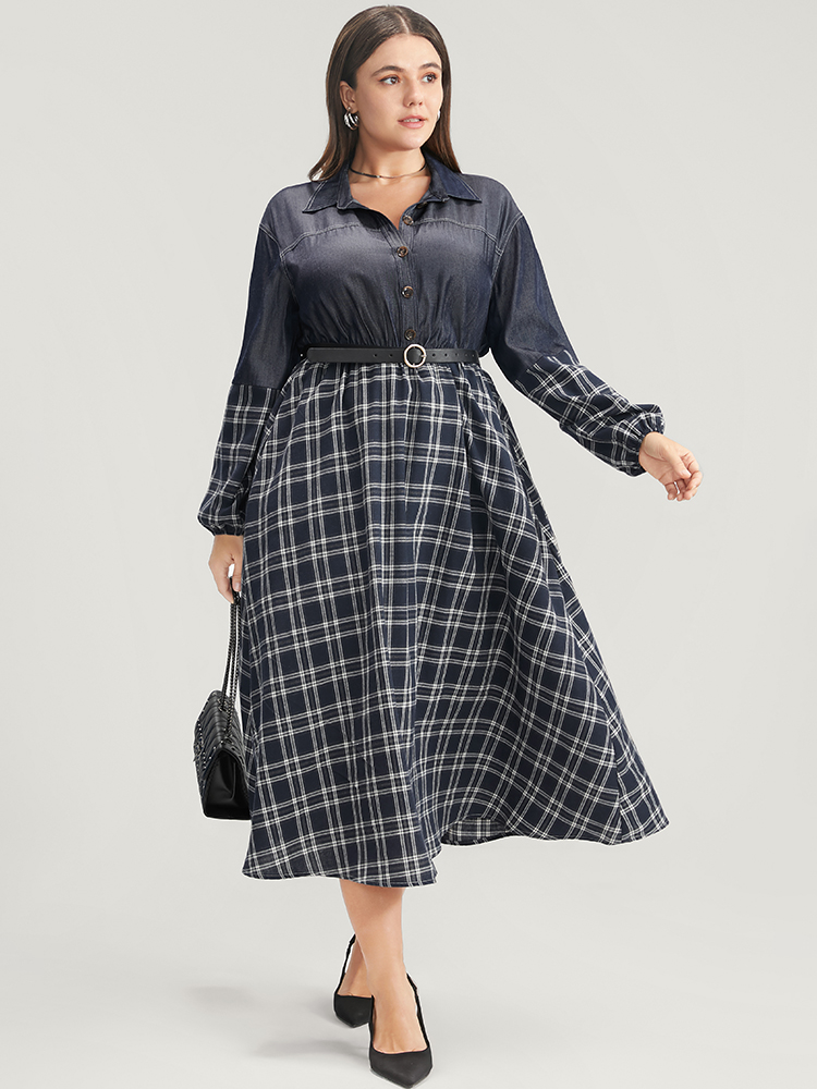 

Plus Size Gingham Patchwork Button Pocket Shirt Collar Dress Without Belt Navy Women Office Patchwork Shirt collar Long Sleeve Curvy Midi Dress BloomChic