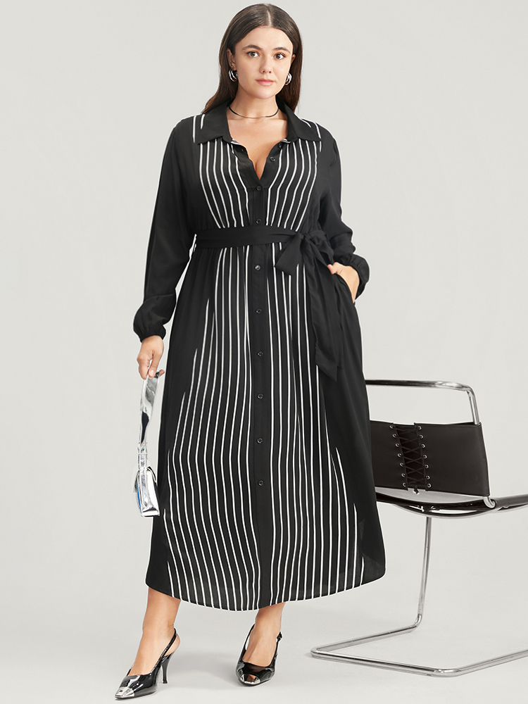 

Plus Size Striped Contrast Pocket Button Detail Belted Dress Black Women Office Pocket Shirt collar Long Sleeve Curvy Long Dress BloomChic