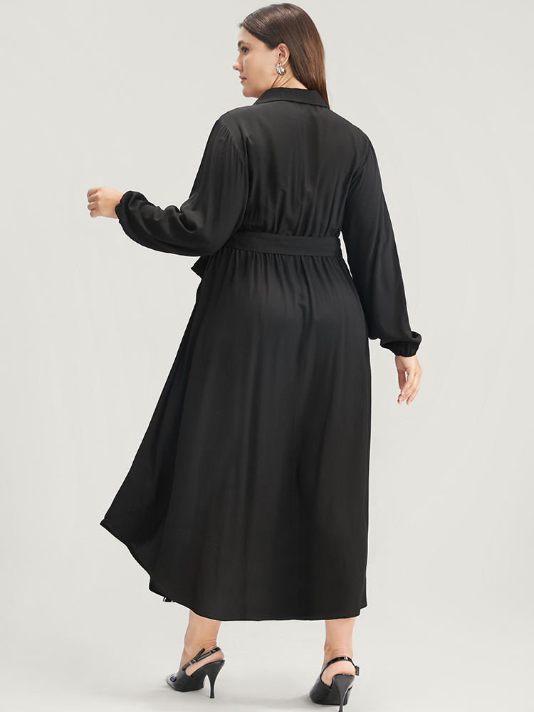 

Plus Size Striped Contrast Pocket Button Detail Belted Dress Black Women Office Pocket Shirt collar Long Sleeve Curvy Long Dress BloomChic