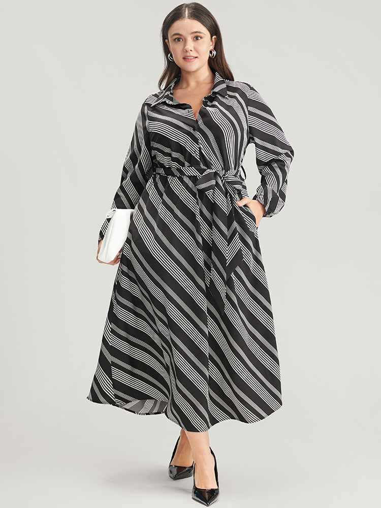 

Plus Size Striped Lantern Sleeve Pocket Belted Lapel Collar Dress Black Women Office Belted Lapel Collar Long Sleeve Curvy Midi Dress BloomChic