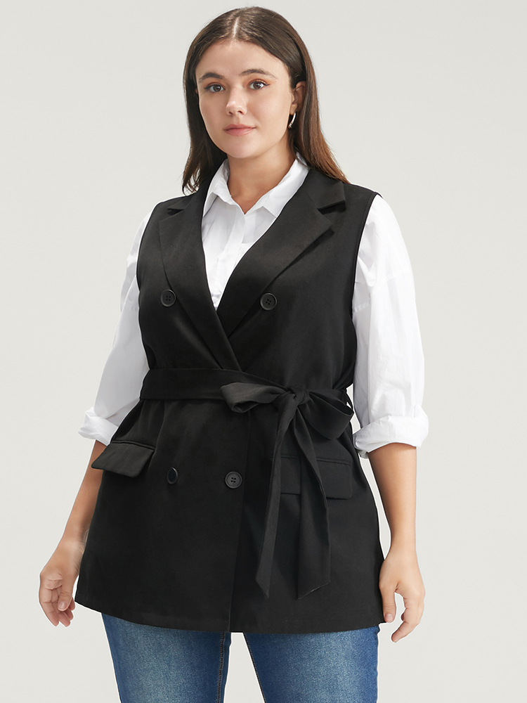 

Plus Size Solid Flap Pocket Sleeveless Belt Blazer Black Women Work Plain Belted Sleeveless Sleeveless Lapel Collar  Pocket Belt Office Blazers BloomChic