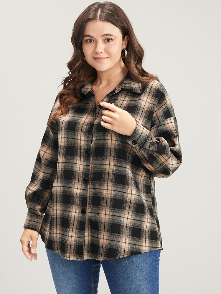 

Plus Size Plaid Print Button Up Drop Shoulder Blouse Multicolor Long Sleeve Shirt collar Casual Shirts