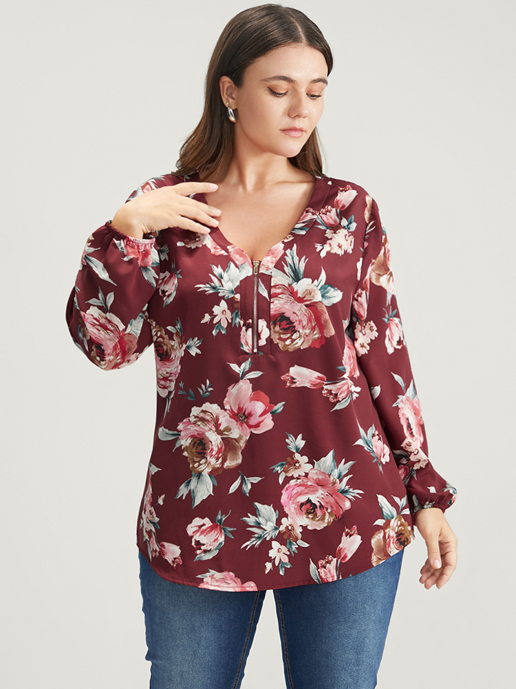 

Plus Size Burgundy Floral Lantern Sleeve Zipper V Neck Blouse Women Elegant Long Sleeve V-neck Dailywear Blouses BloomChic