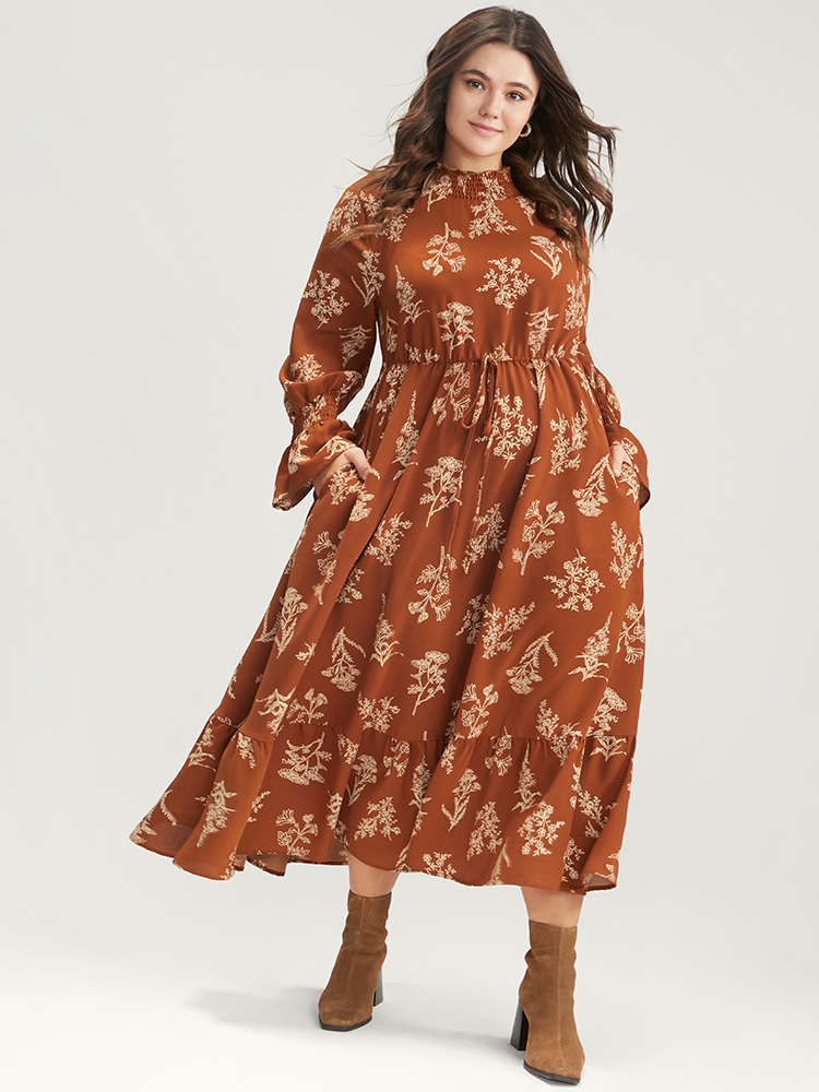 

Plus Size Floral Pocket Lantern Sleeve Shirred Mock Neck Dress Chocolate Women Elegant Pocket Mock Neck Long Sleeve Curvy Midi Dress BloomChic