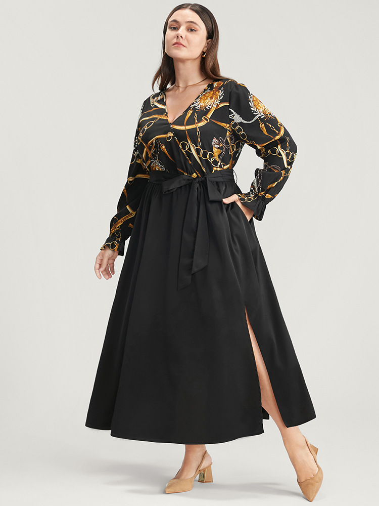 

Plus Size Chain Print V Neck Pocket Lantern Sleeve Belted Split Dress Black Women Elegant Pocket V-neck Long Sleeve Curvy Midi Dress BloomChic