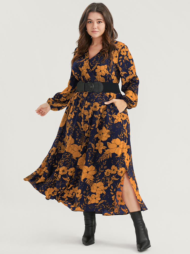 

Plus Size Floral Print Pocket Wrap Lantern Sleeve Split Hem Dress Yellow Women Elegant Pocket V-neck Long Sleeve Curvy Midi Dress BloomChic