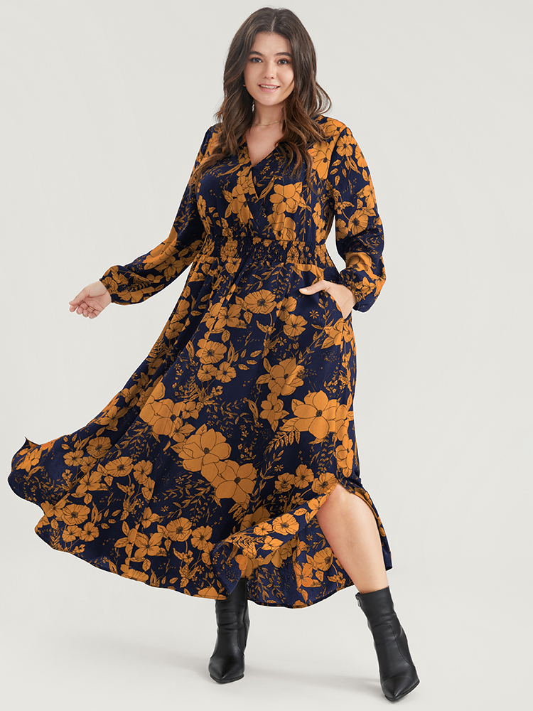 Plus Size Floral Print Pocket Wrap Lantern Sleeve Split Hem Dress Yellow Women Elegant Pocket V-neck Long Sleeve Curvy Midi Dress BloomChic 10/M 