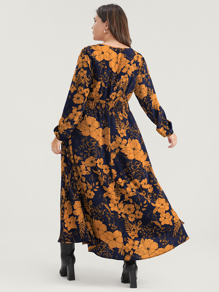 Plus Size Floral Print Pocket Wrap Lantern Sleeve Split Hem Dress Yellow Women Elegant Pocket V-neck Long Sleeve Curvy Midi Dress BloomChic 10/M 
