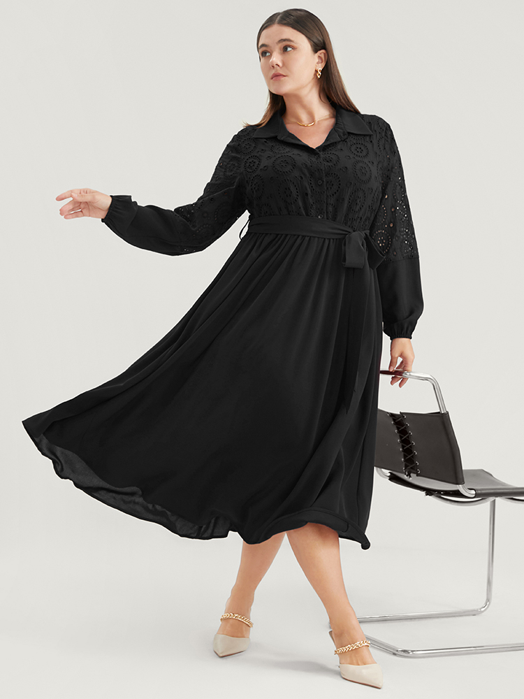 

Plus Size Solid Pocket Button Detail Eyelet Lace Belted Dress Black Women Casual Patchwork Shirt collar Long Sleeve Curvy Midi Dress BloomChic