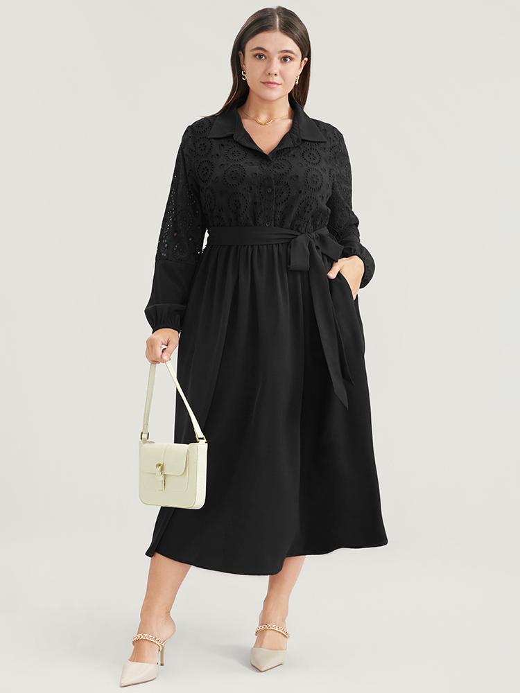 Plus Size Solid Pocket Button Detail Eyelet Lace Belted Dress Black Women Casual Patchwork Shirt collar Long Sleeve Curvy Midi Dress BloomChic 10/M 