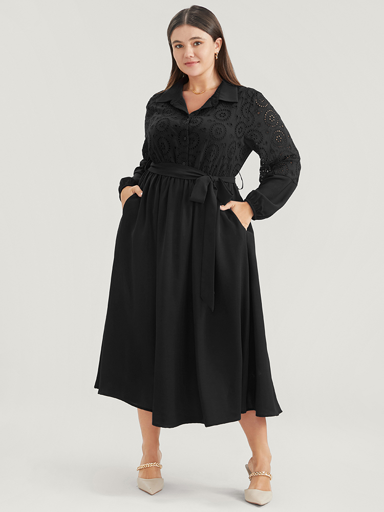 Plus Size Solid Pocket Button Detail Eyelet Lace Belted Dress Black Women Casual Patchwork Shirt collar Long Sleeve Curvy Midi Dress BloomChic 10/M 