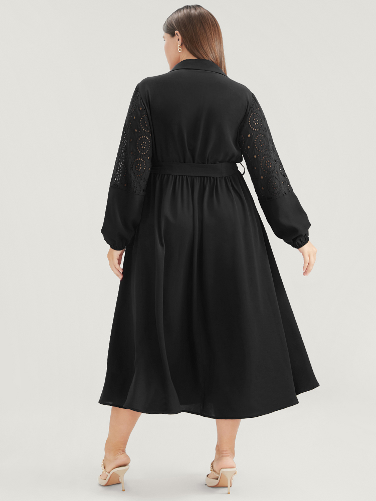 Plus Size Solid Pocket Button Detail Eyelet Lace Belted Dress Black Women Casual Patchwork Shirt collar Long Sleeve Curvy Midi Dress BloomChic 10/M 