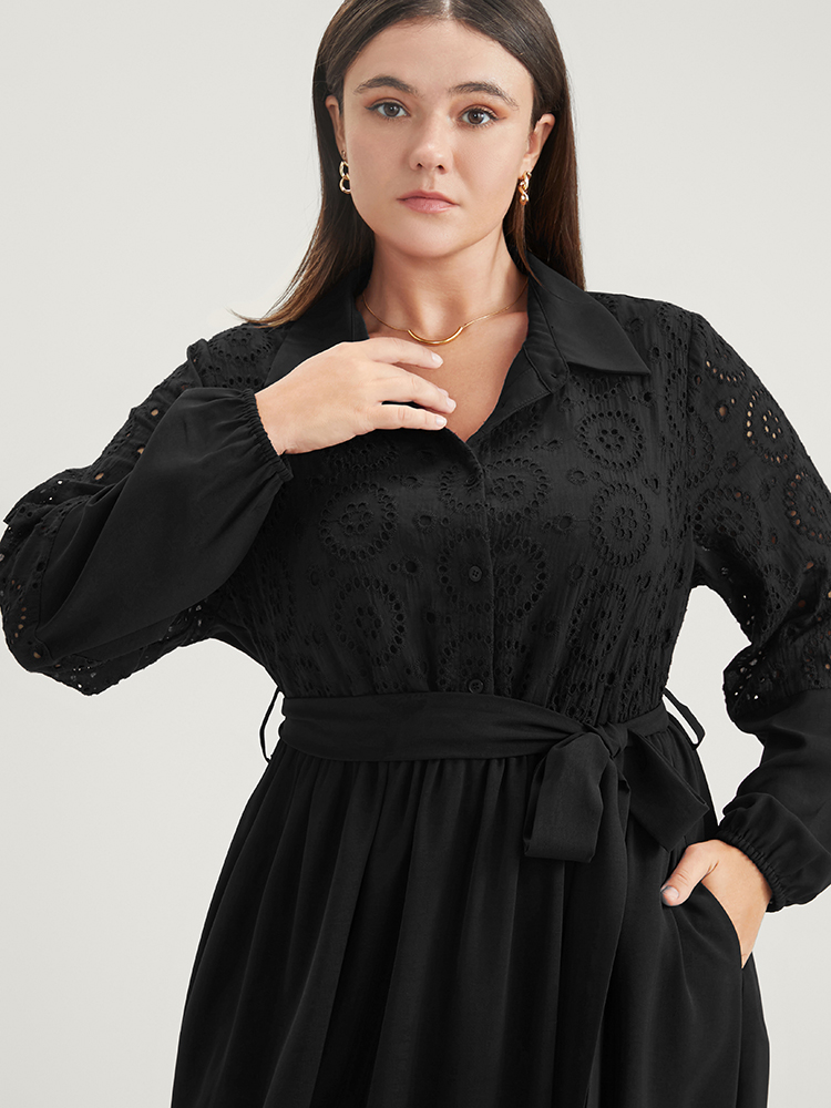 

Plus Size Solid Pocket Button Detail Eyelet Lace Belted Dress Black Women Casual Patchwork Shirt collar Long Sleeve Curvy Midi Dress BloomChic