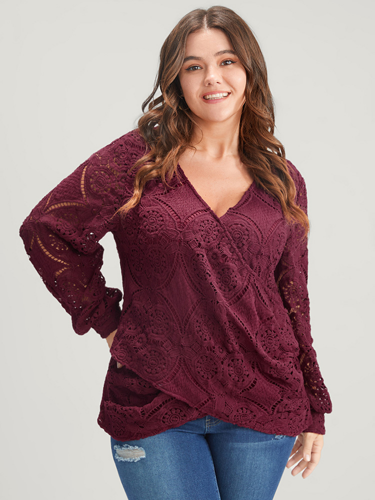 

Plus Size Burgundy Solid Crossover Hem Lace Blouse Women Glamour Long Sleeve V-neck Going out Blouses BloomChic