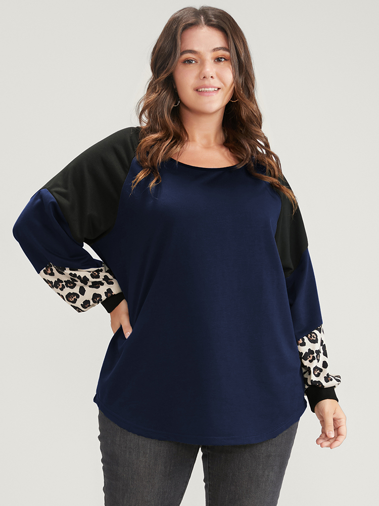 

Plus Size Leopard Colorblock Contrast Round Neck Sweatshirt Women DarkBlue Casual Patchwork Round Neck Dailywear Sweatshirts BloomChic