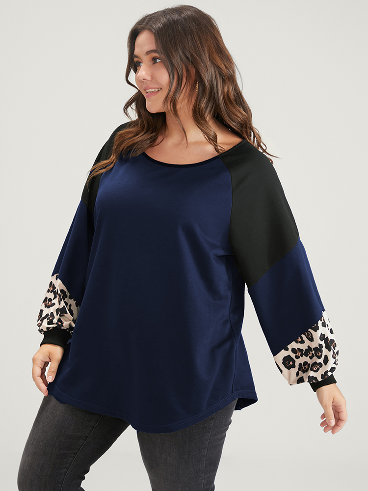 Plus Size Women Dailywear Leopard Patchwork Regular Regular Sleeve Long Sleeve Round Neck Casual Sweatshirts BloomChic 