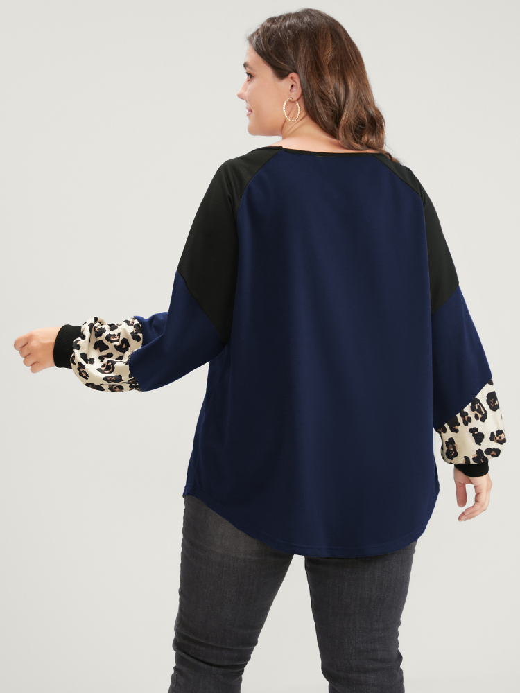 Plus Size Women Dailywear Leopard Patchwork Regular Regular Sleeve Long Sleeve Round Neck Casual Sweatshirts BloomChic 