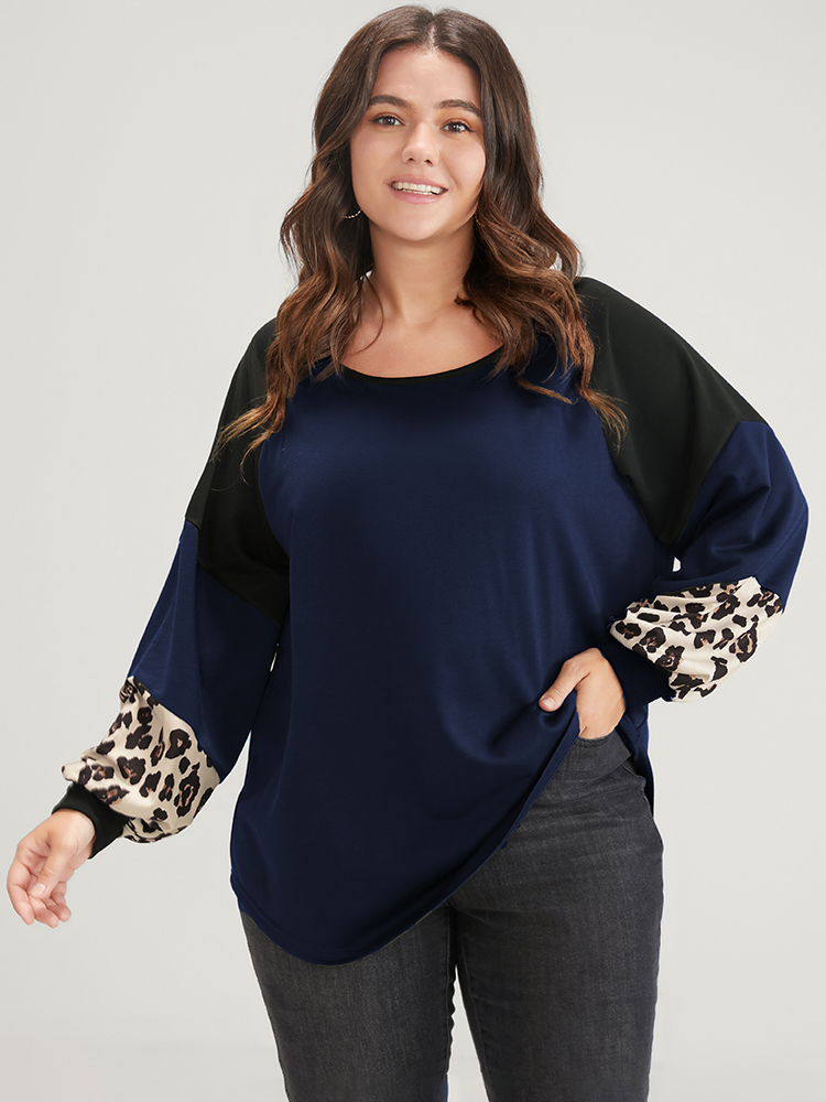 Plus Size Women Dailywear Leopard Patchwork Regular Regular Sleeve Long Sleeve Round Neck Casual Sweatshirts BloomChic 