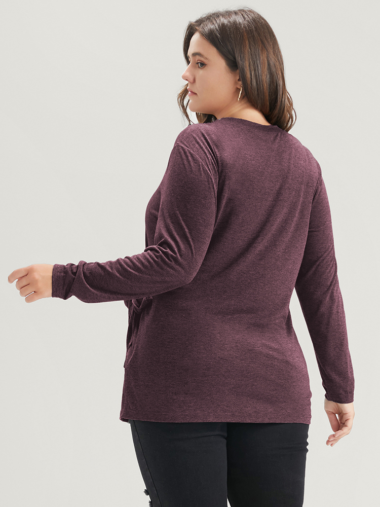 

Plus Size Solid Twist Front Knotted Round Neck Long Tee Burgundy Lounge Jersey Tops