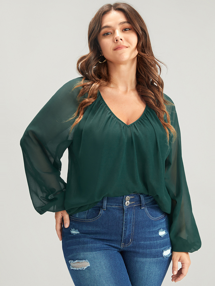 

Chiffon Elegant Plus Size Casual Women Plain Patchwork Blouses Lantern Long Sleeve V Neck Blouses BloomChic, Green