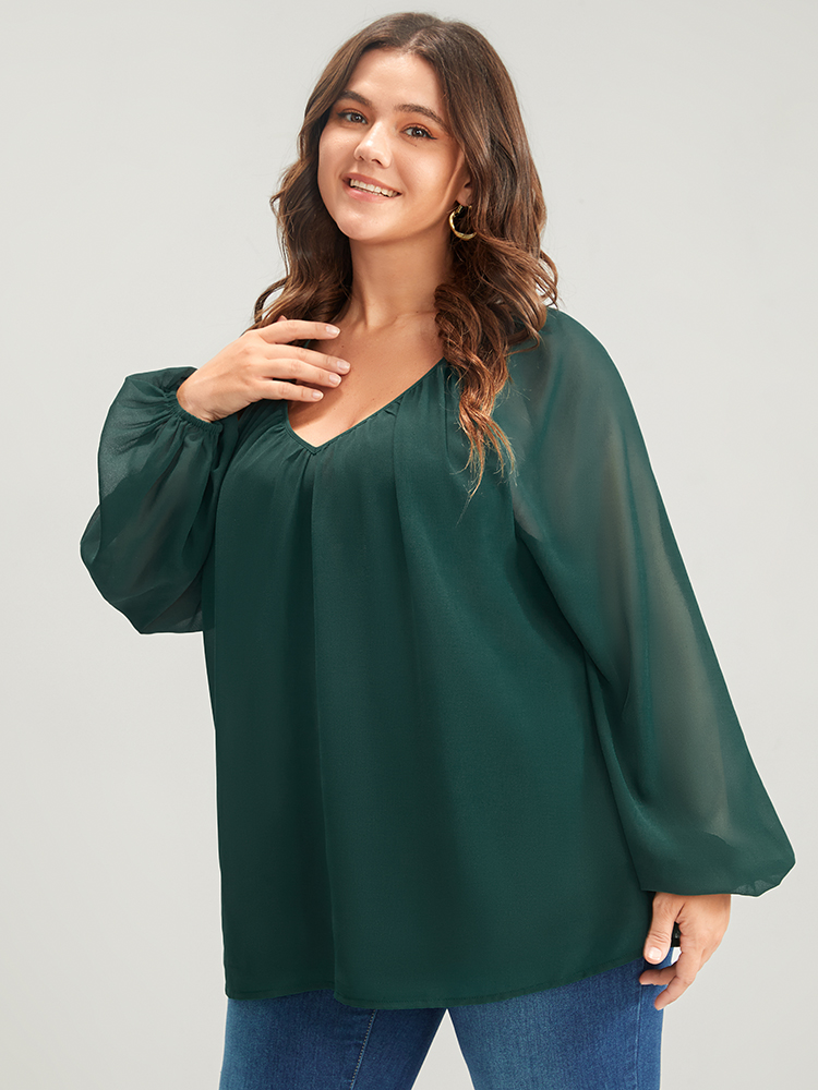 

Chiffon Elegant Plus Size Casual Women Plain Patchwork Blouses Lantern Long Sleeve V Neck Blouses BloomChic, Green