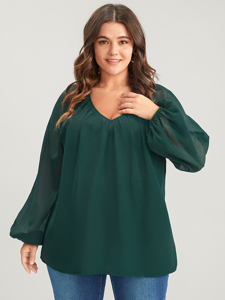 Chiffon Elegant Plus Size Casual Women Plain Patchwork Blouses Lantern Long Sleeve V Neck Blouses BloomChic 