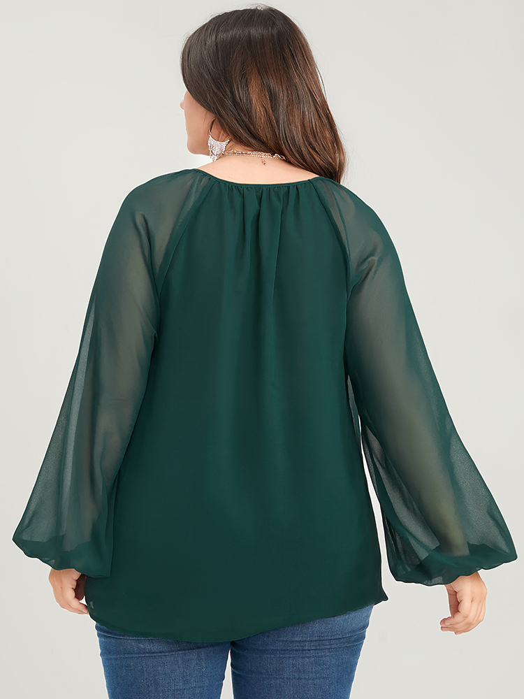 Chiffon Elegant Plus Size Casual Women Plain Patchwork Blouses Lantern Long Sleeve V Neck Blouses BloomChic 