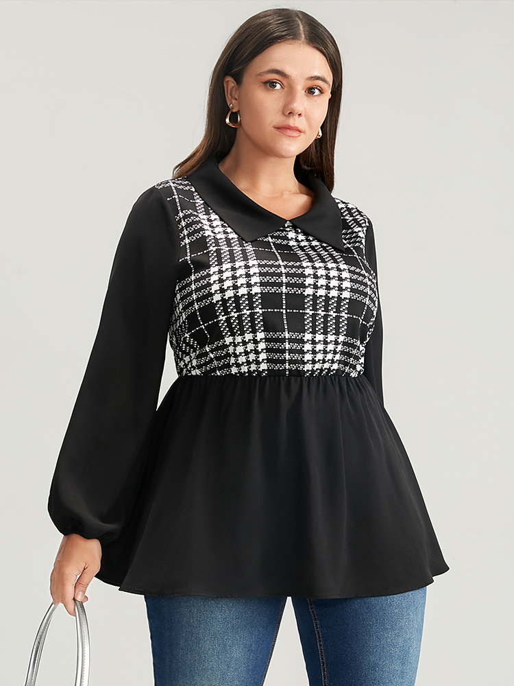 

Plus Size Black Plaid Patchwork Lantern Sleeve Ruffle Hem Blouse Women Office Long Sleeve Lapel Collar Work Blouses BloomChic