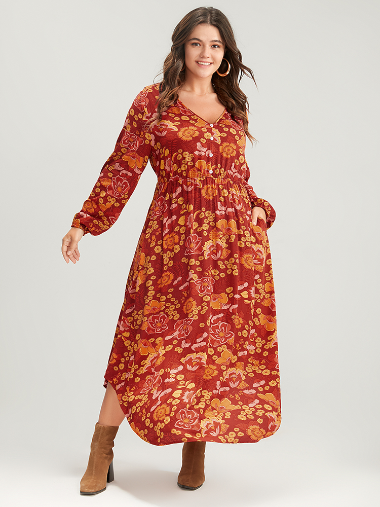 

Plus Size Floral Fake Button Lantern Sleeve Pocket Asymmetrical Hem Maxi Dress Chocolate Women Elegant Button V-neck Long Sleeve Curvy Long Dress BloomChic