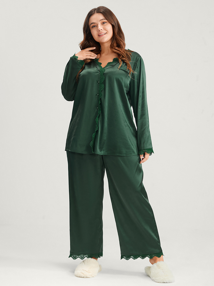 

Plus Size Solid Button Up Lace Trim Satin Pajama Set Women Green Plain Long Sleeve V-neck Casual Loungewear Sets BloomChic