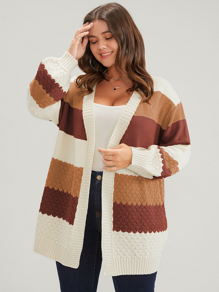 

Plus Size Striped Colorblock Contrast Pointelle Knit Jacquard Open Front Cardigan Multicolor Women Casual Loose Long Sleeve Dailywear Cardigans BloomChic