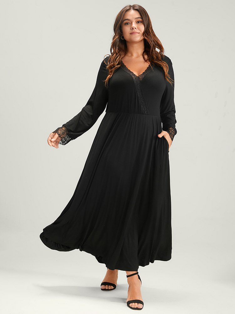 

Plus Size Solid Lace Patchwork Pocket Wrap Maxi Dress Without Belt Black Women Elegant Lace V-neck Long Sleeve Curvy Long Dress BloomChic