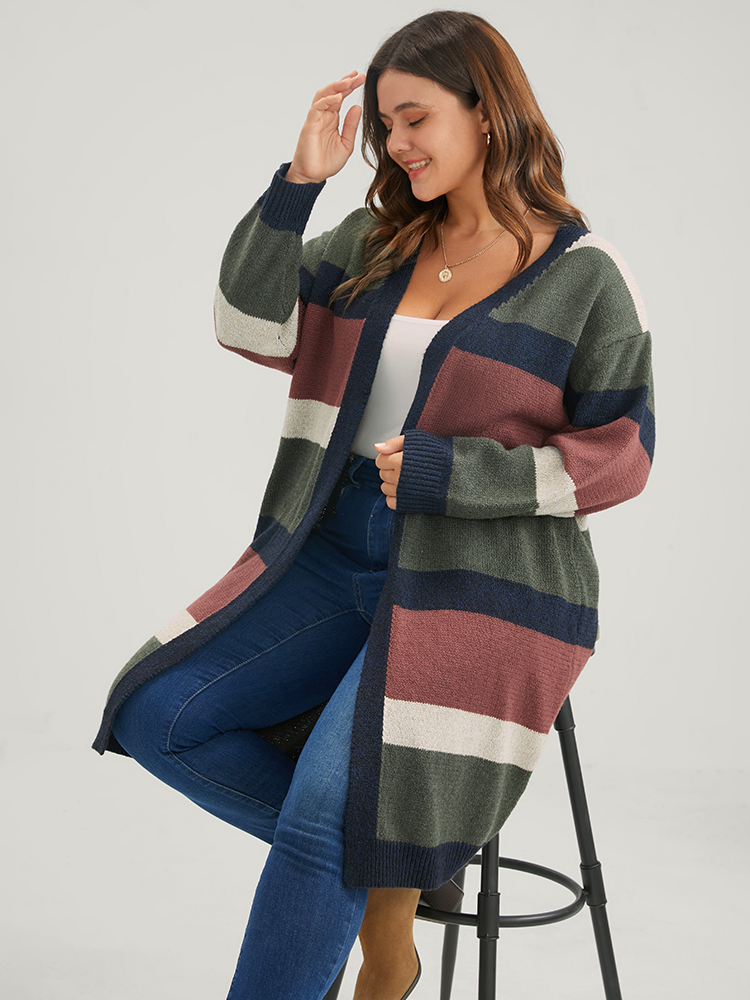 

Plus Size Colorblock Contrast Pointelle Knit Heather Open Front Long Cardigan Multicolor Women Casual Loose Long Sleeve Dailywear Cardigans BloomChic