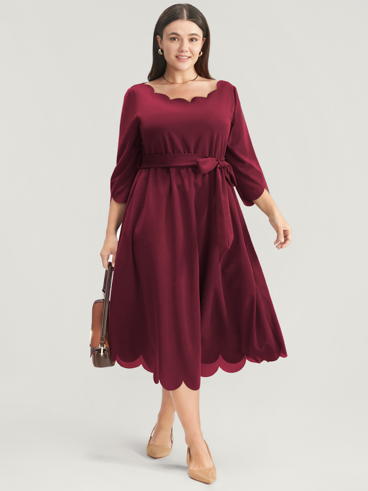 

Plus Size Solid Pocket Scalloped Trim Belted Midi Dress Burgundy Women Elegant Pocket Round Neck Elbow-length sleeve Curvy Midi Dress BloomChic