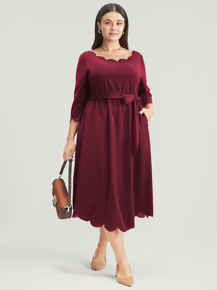 

Plus Size Solid Pocket Scalloped Trim Belted Midi Dress Burgundy Women Elegant Pocket Round Neck Elbow-length sleeve Curvy Midi Dress BloomChic