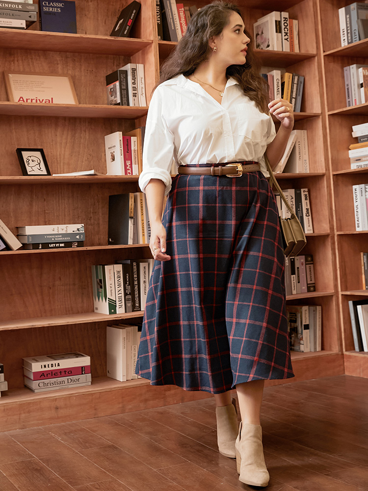 

Vintage Plaid Plus Size Women Dailywear Skirts Pocket Pocket Elegance Skirts BloomChic, Indigo