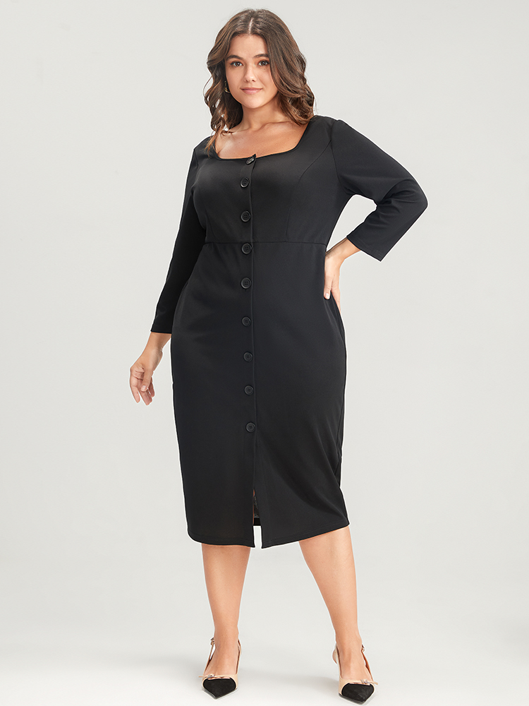 

Plus Size Solid Square Neck Button Up Bodycon Midi Dress Black Women Office Button Square Neck Elbow-length sleeve Curvy Midi Dress BloomChic