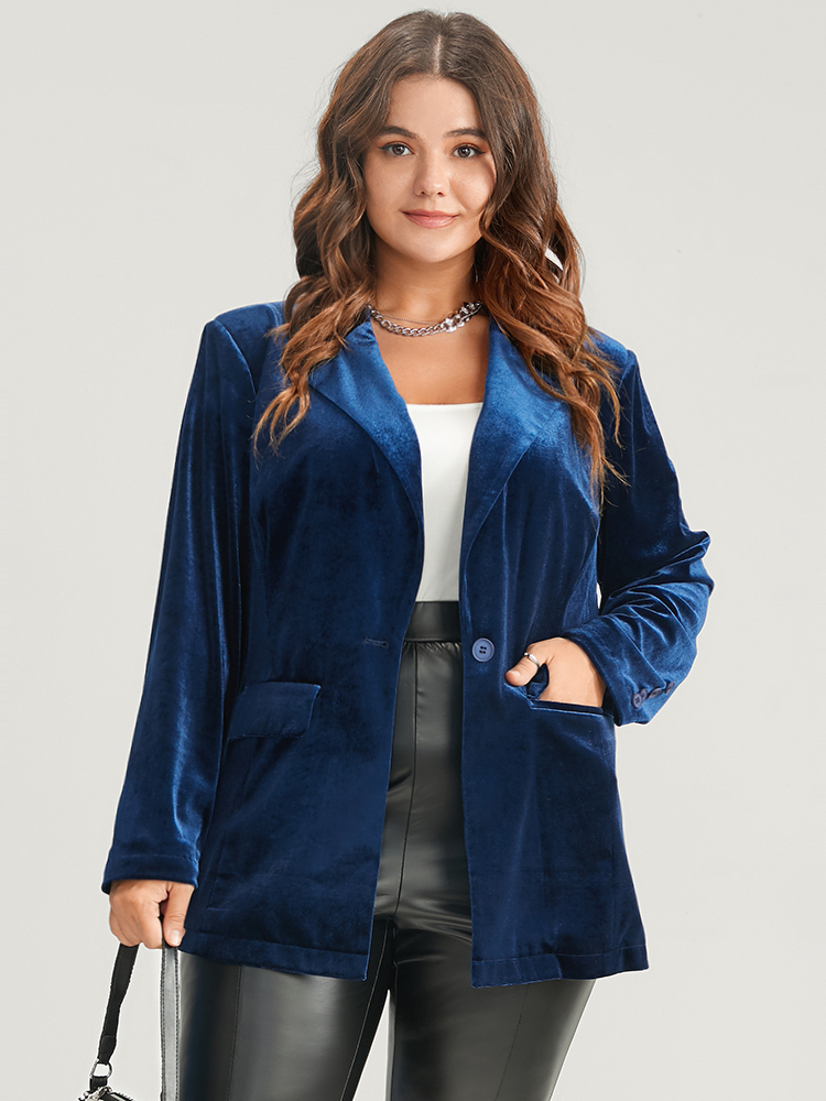 

Plus Size Solid Button Flap Pocket Velvet Blazer DarkBlue Women Going out Plain Button Sleeve Long Sleeve Suit Collar  Pocket Party Blazers BloomChic