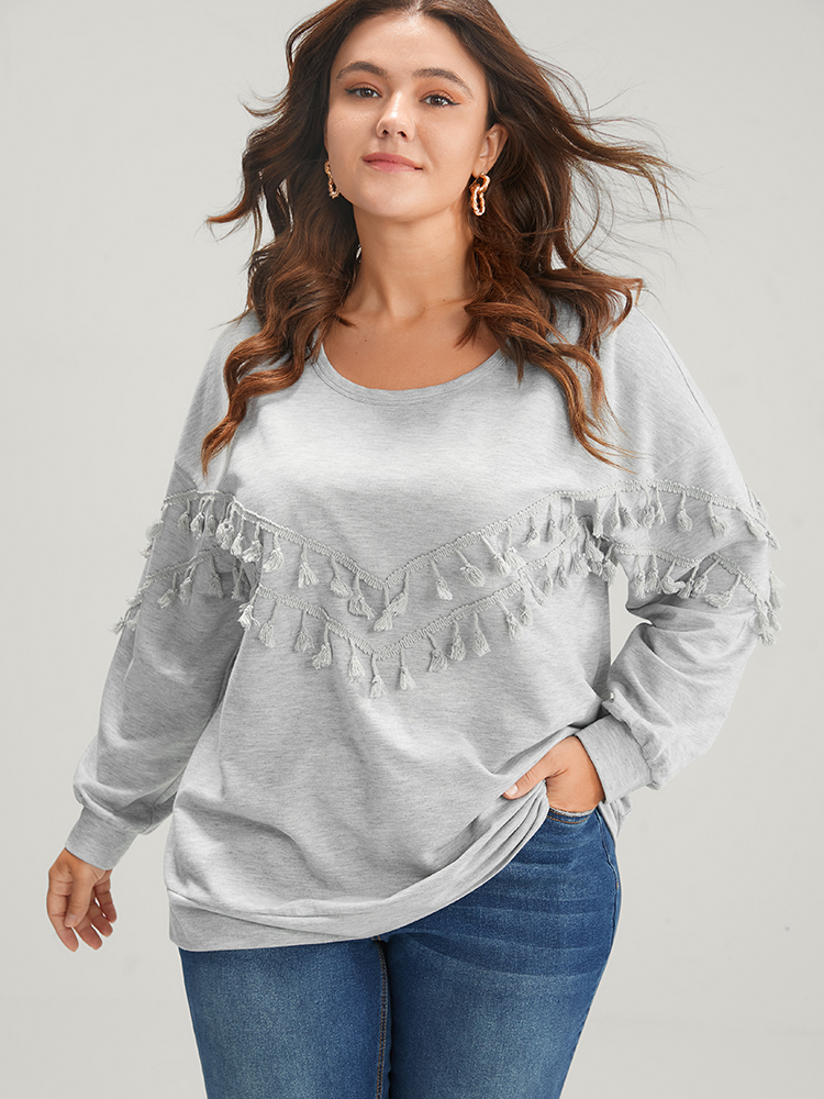 

Plus Size Solid Round Neck Tassels Drop Shoulder Sweatshirt Women LightGray Casual Patchwork Round Neck Dailywear Sweatshirts BloomChic