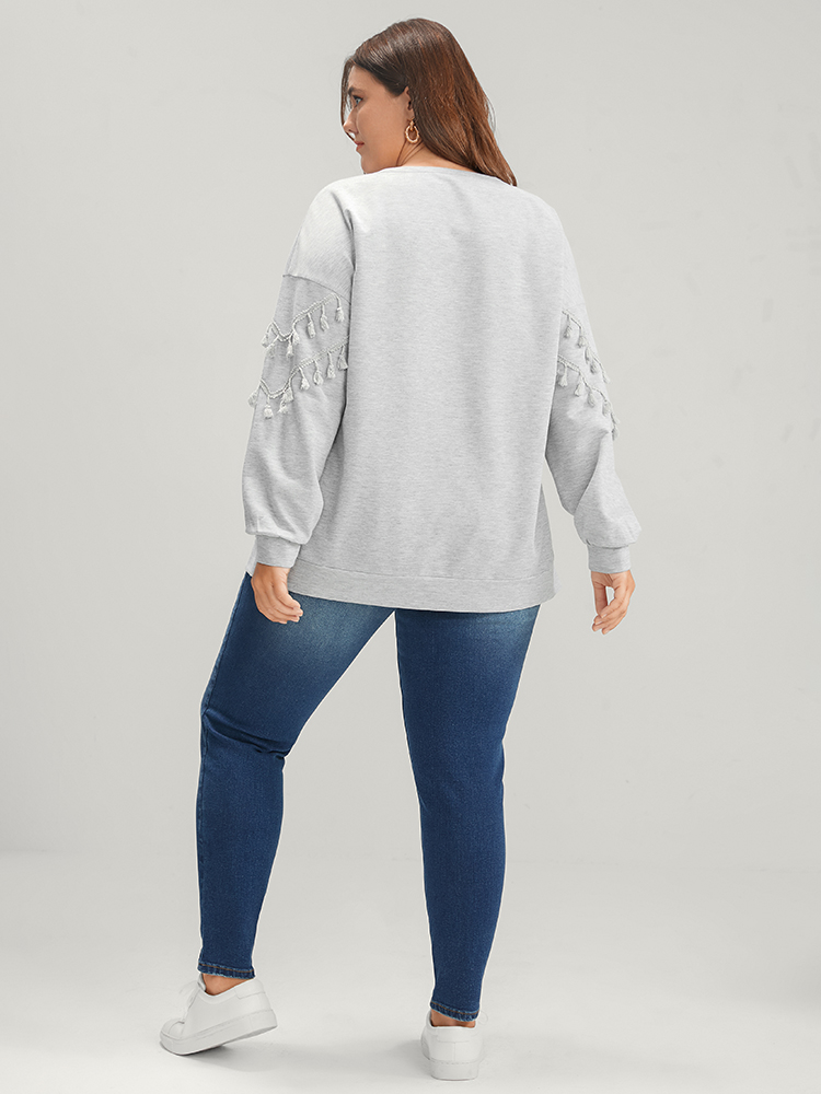 

Plus Size Solid Round Neck Tassels Drop Shoulder Sweatshirt Women LightGray Casual Patchwork Round Neck Dailywear Sweatshirts BloomChic