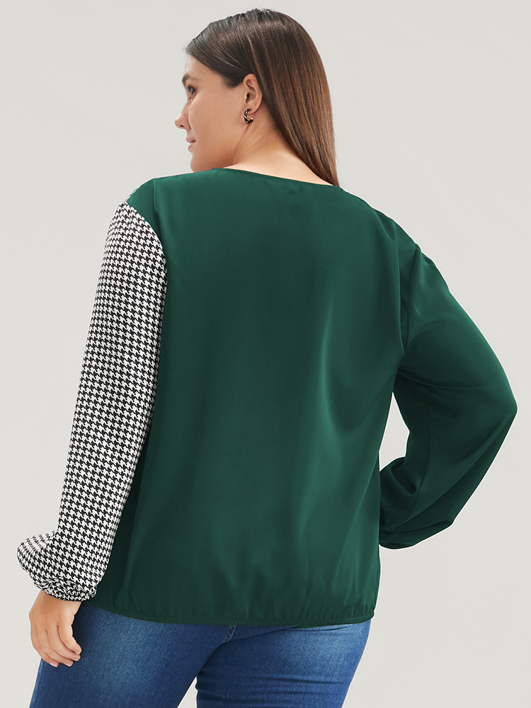 Plus Size Women Work Houndstooth Patchwork Lantern Sleeve Long Sleeve V-neck Office Blouses BloomChic 