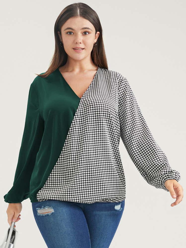 Plus Size Women Work Houndstooth Patchwork Lantern Sleeve Long Sleeve V-neck Office Blouses BloomChic 