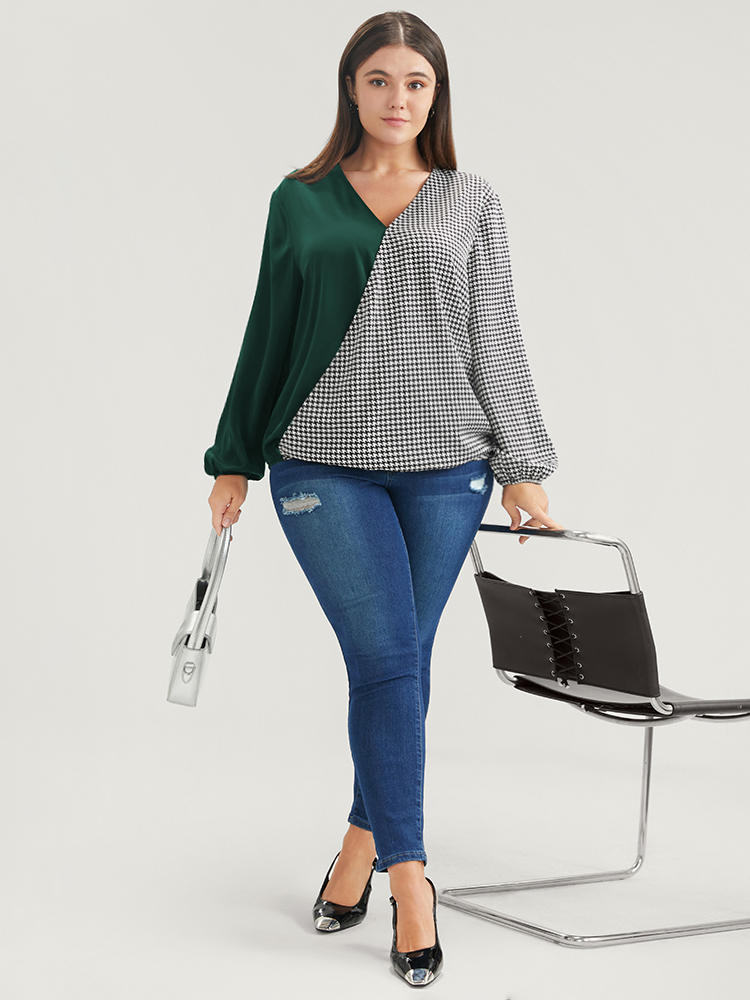 Plus Size Women Work Houndstooth Patchwork Lantern Sleeve Long Sleeve V-neck Office Blouses BloomChic 