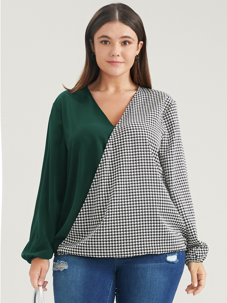Plus Size Women Work Houndstooth Patchwork Lantern Sleeve Long Sleeve V-neck Office Blouses BloomChic 