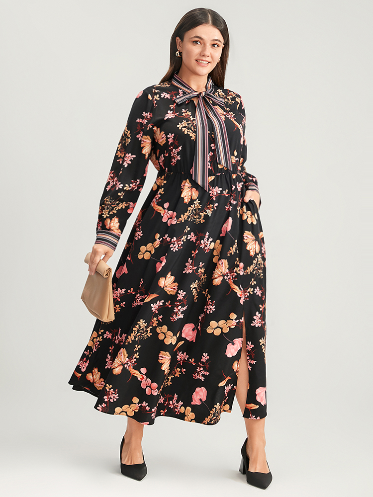 

Plus Size Floral Keyhole Pocket Knotted Neck Split Dress Black Women Elegant Knotted Tie Neck Long Sleeve Curvy Long Dress BloomChic